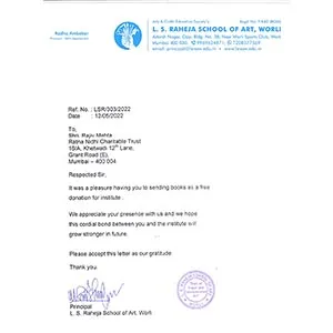 Letter of Gratitude For Receiving Books - Principal, L. S. Raheja School of Arts, Worli
